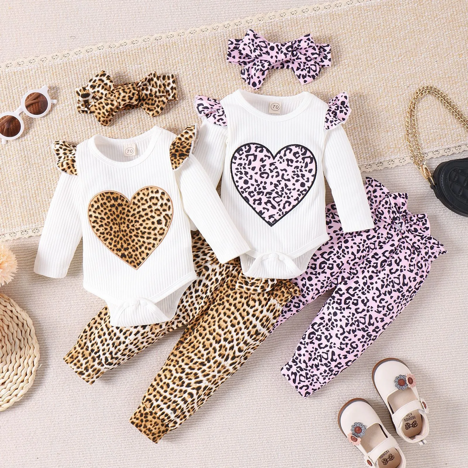 2 Pieces Set Baby Kid Girls Love heart Rompers And Leopard Pants Wholesale 24011118