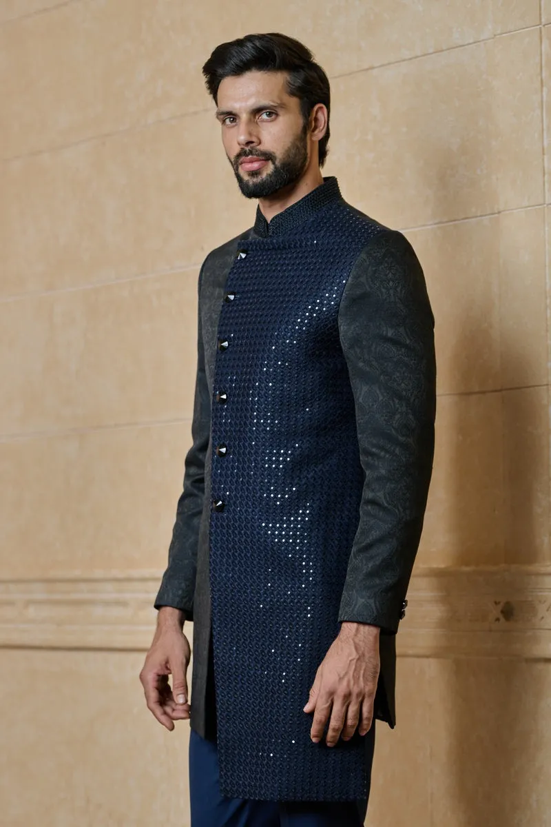 Asymmetric Achkan With Collar Embroidery