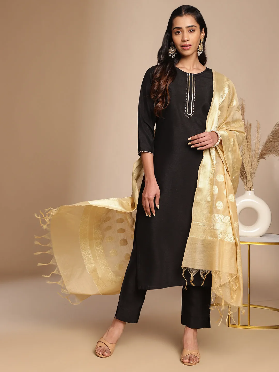 Black Crepe Silk Solid Straight Kurta Set