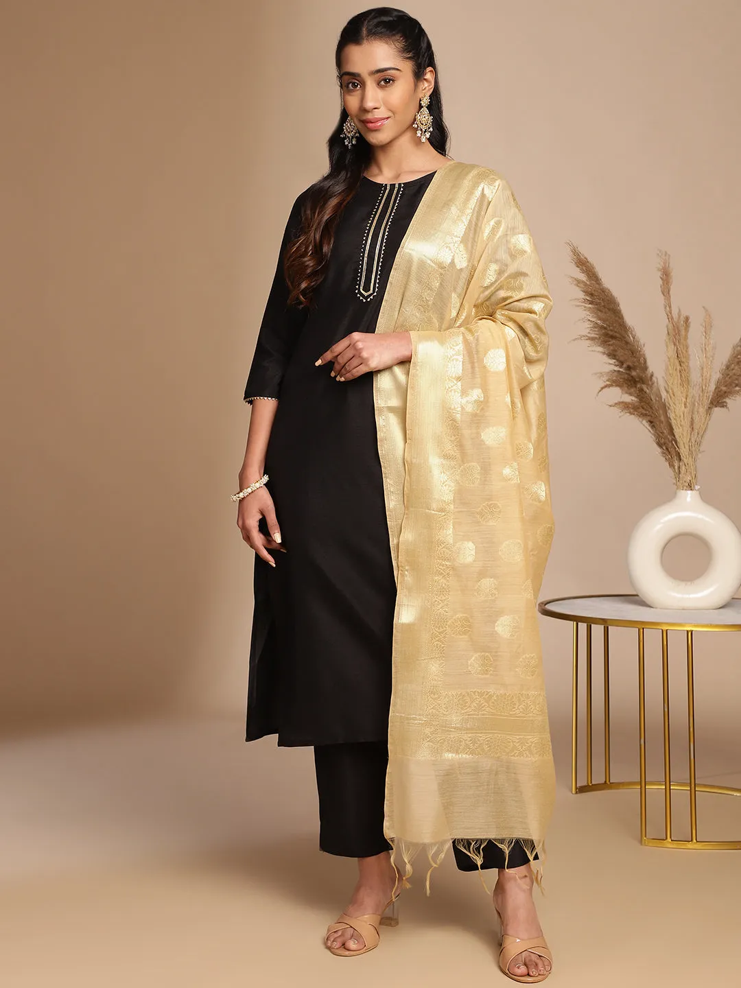 Black Crepe Silk Solid Straight Kurta Set