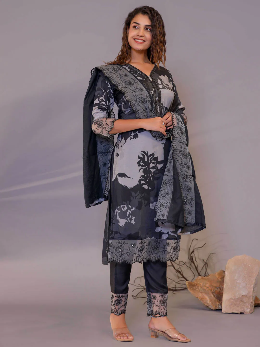 Black Lace Work Embroidery On Cotton Kurta Set