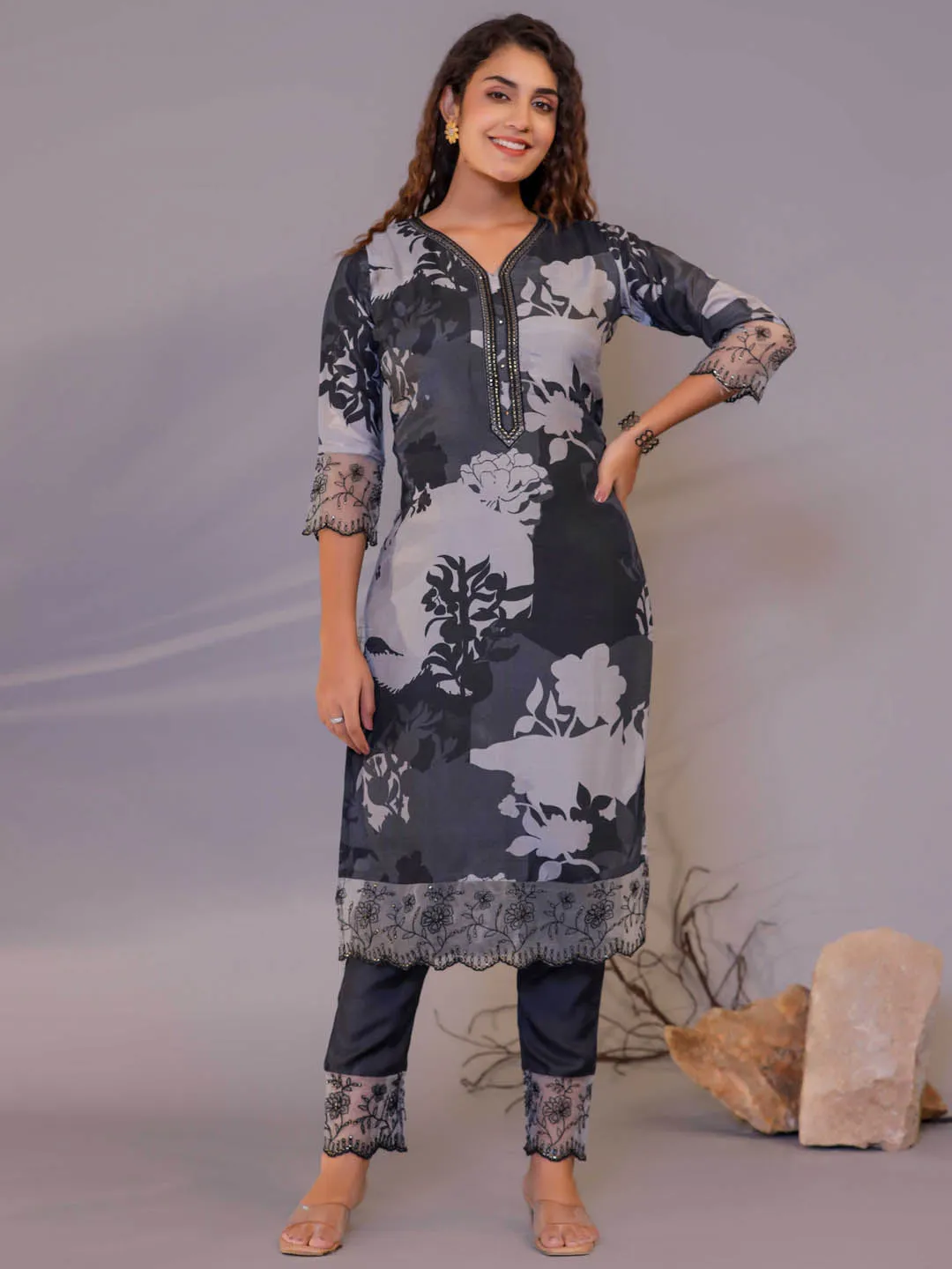 Black Lace Work Embroidery On Cotton Kurta Set