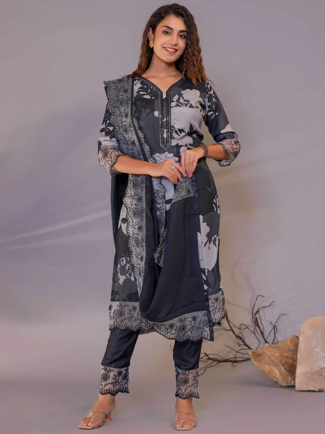 Black Lace Work Embroidery On Cotton Kurta Set