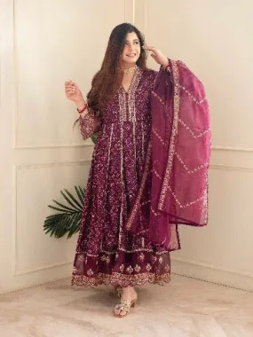 Burgundy Wine Bandhani Anarkali Suit With Organza Dupatta UK Next Day