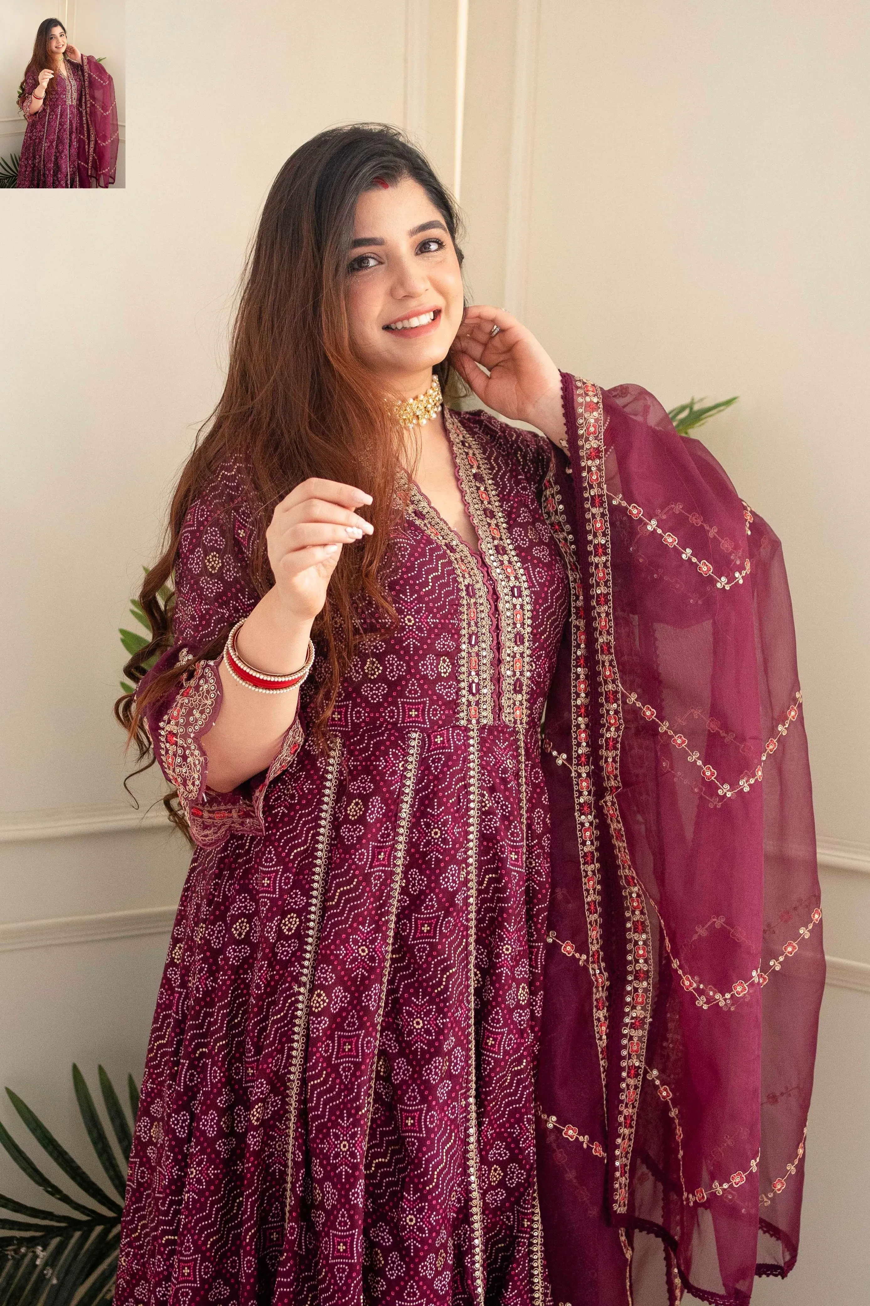 Burgundy Wine Bandhani Anarkali Suit With Organza Dupatta UK Next Day