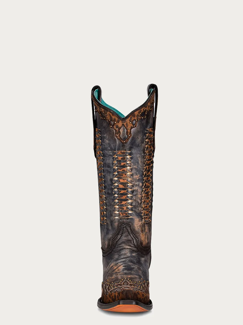 C3881 - WOMEN'S LEOPARD WOVEN INLAY OVERLAY AND STUDS BLACK SNIP TOE COWBOY BOOT