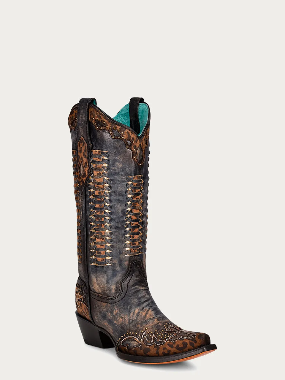 C3881 - WOMEN'S LEOPARD WOVEN INLAY OVERLAY AND STUDS BLACK SNIP TOE COWBOY BOOT