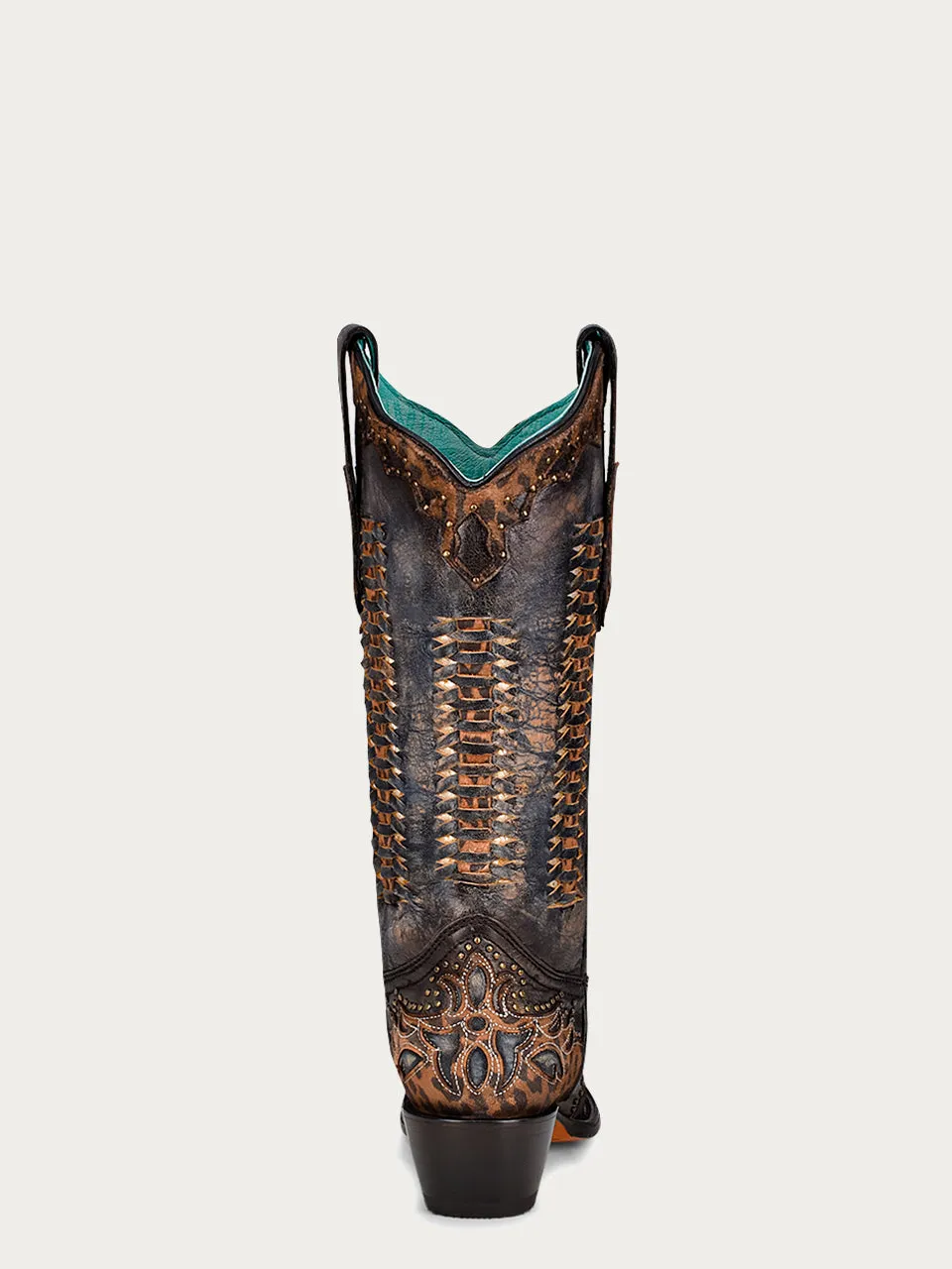 C3881 - WOMEN'S LEOPARD WOVEN INLAY OVERLAY AND STUDS BLACK SNIP TOE COWBOY BOOT