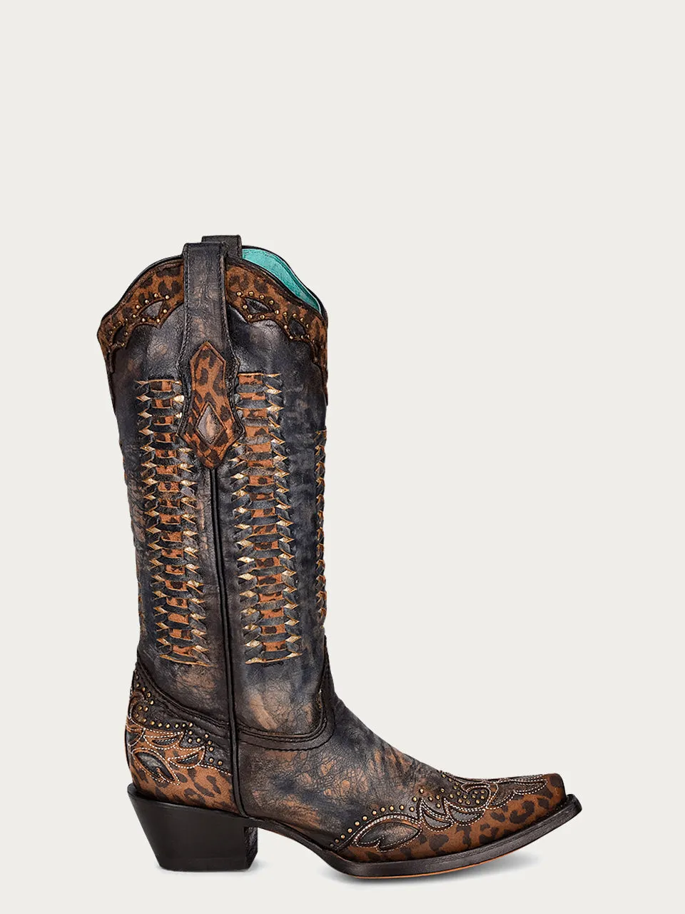 C3881 - WOMEN'S LEOPARD WOVEN INLAY OVERLAY AND STUDS BLACK SNIP TOE COWBOY BOOT