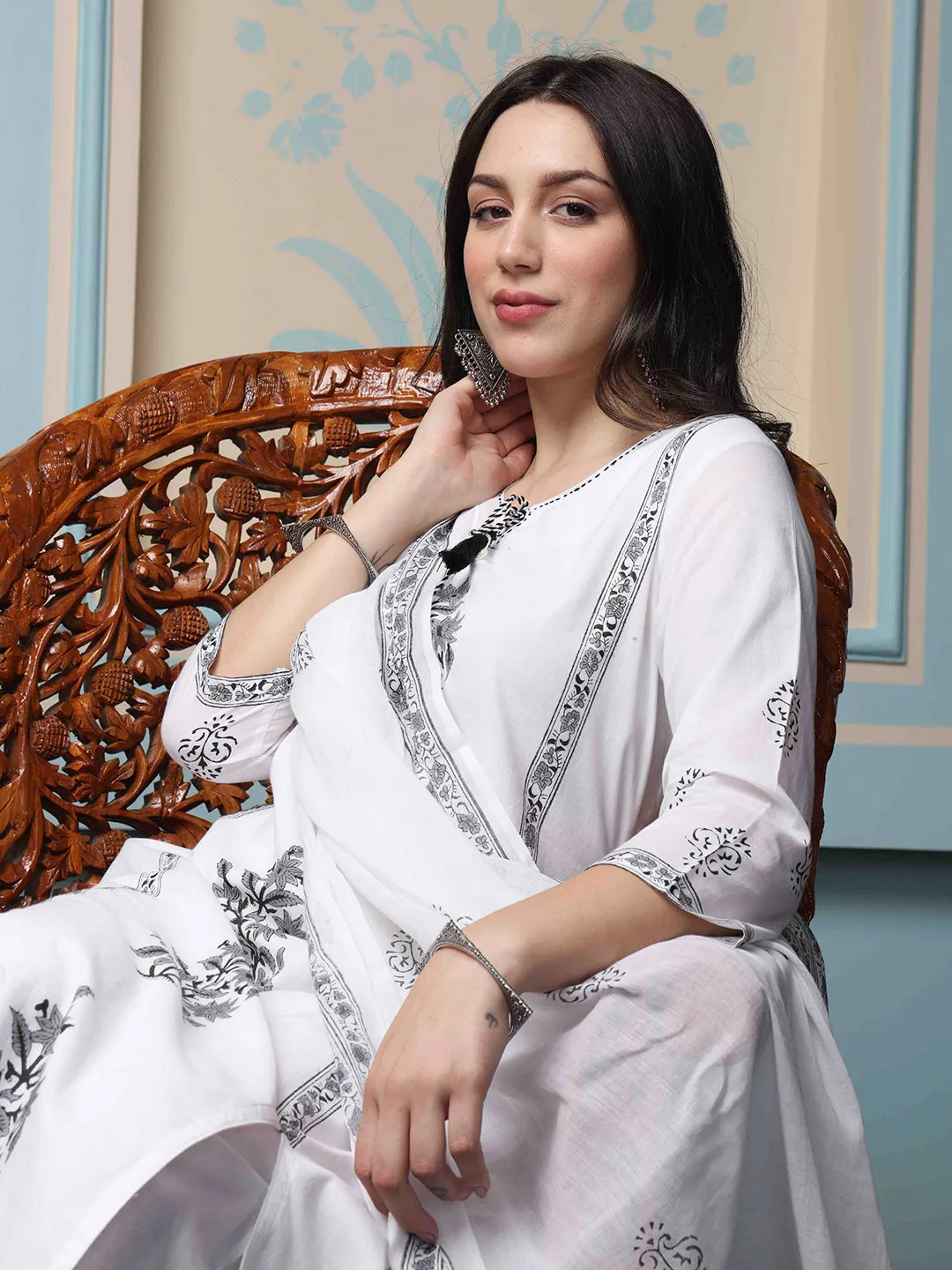 Cotton Block Printed Kurta with Neck Tie-Up, Solid Pants and Soft Mulmul Dupatta