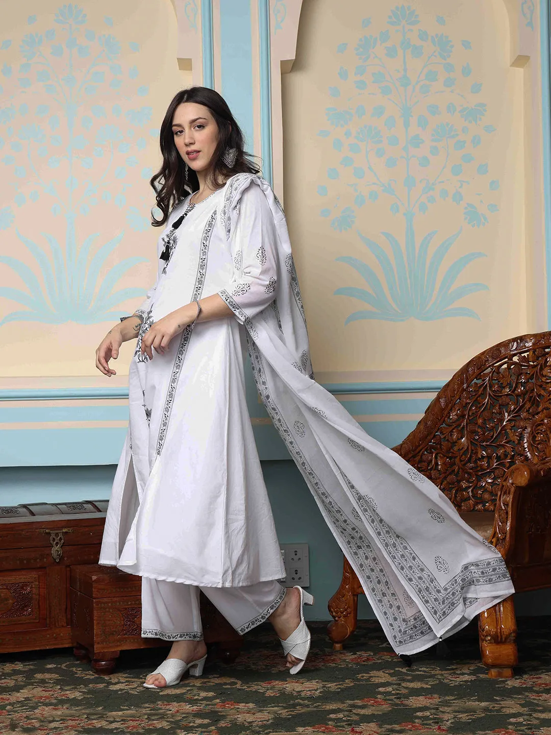 Cotton Block Printed Kurta with Neck Tie-Up, Solid Pants and Soft Mulmul Dupatta