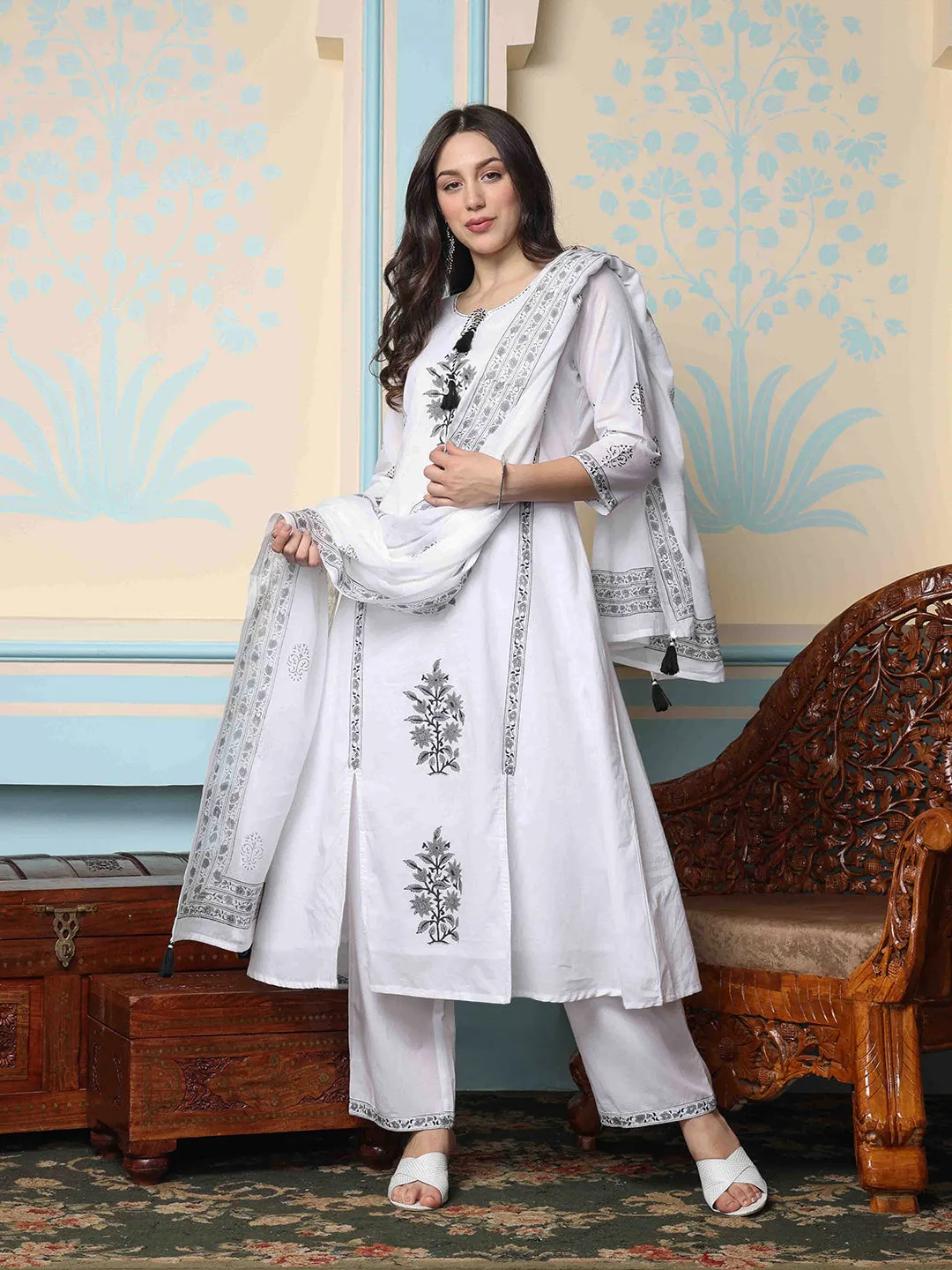 Cotton Block Printed Kurta with Neck Tie-Up, Solid Pants and Soft Mulmul Dupatta