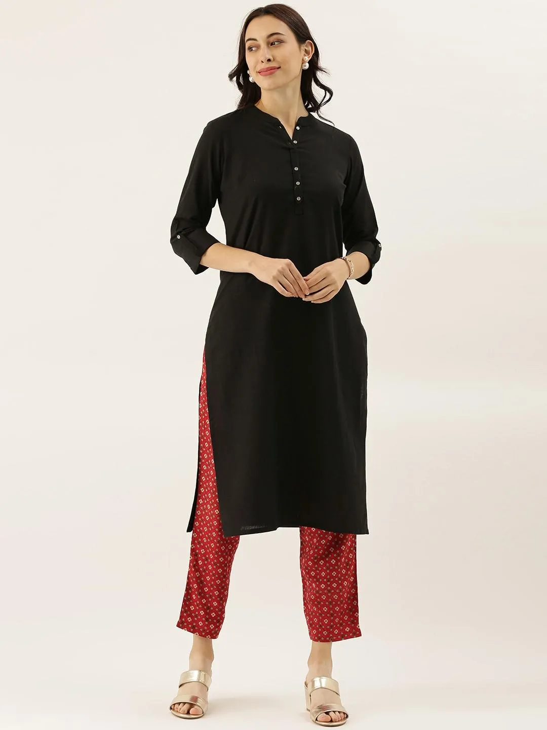 Divena Black Solid Straight Roll up Kurti