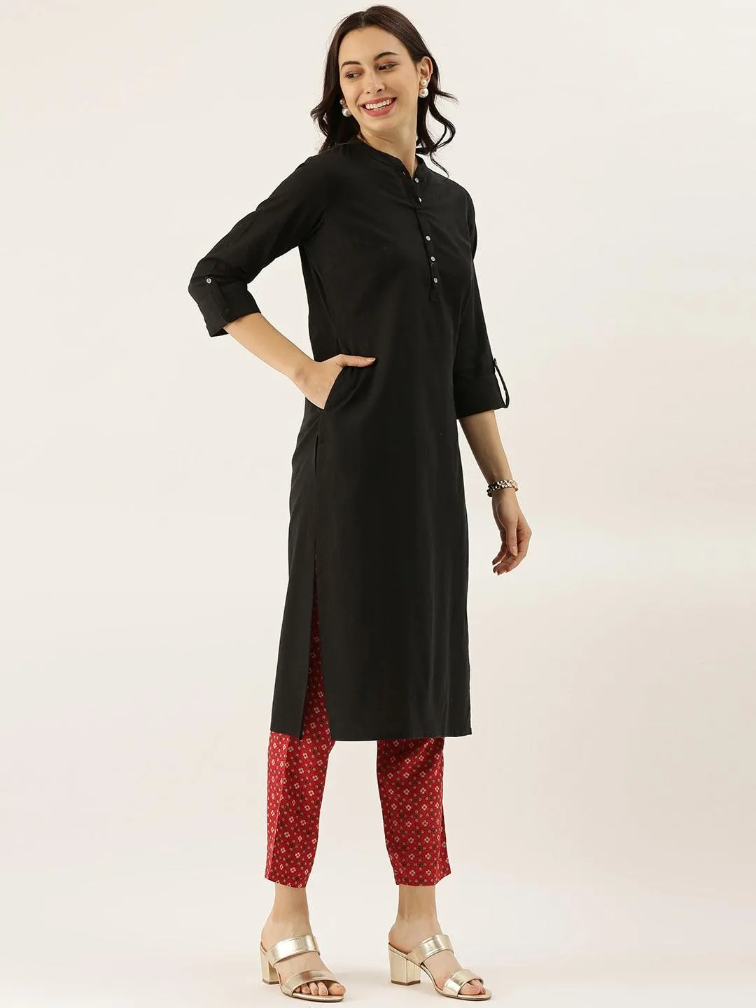 Divena Black Solid Straight Roll up Kurti