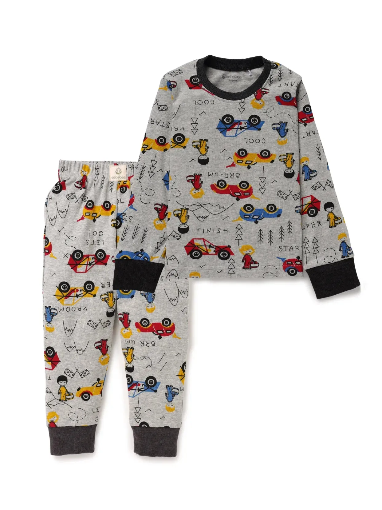 Full sleeve graphic pattern in white with black border pajama set for baby