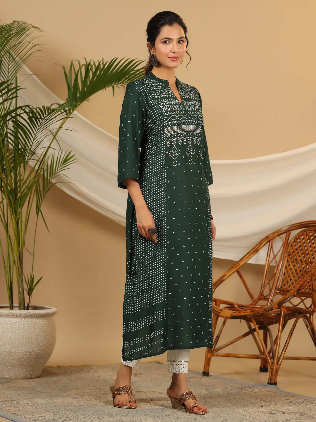 Juniper Jade Green Bandhani Printed Rayon Slub Kurta With Pant Set