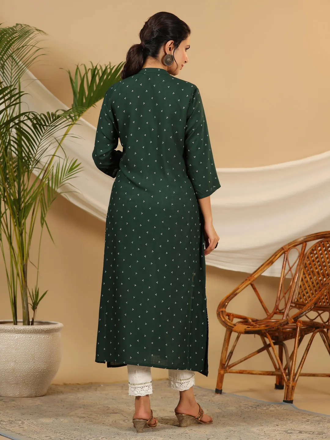 Juniper Jade Green Bandhani Printed Rayon Slub Kurta With Pant Set