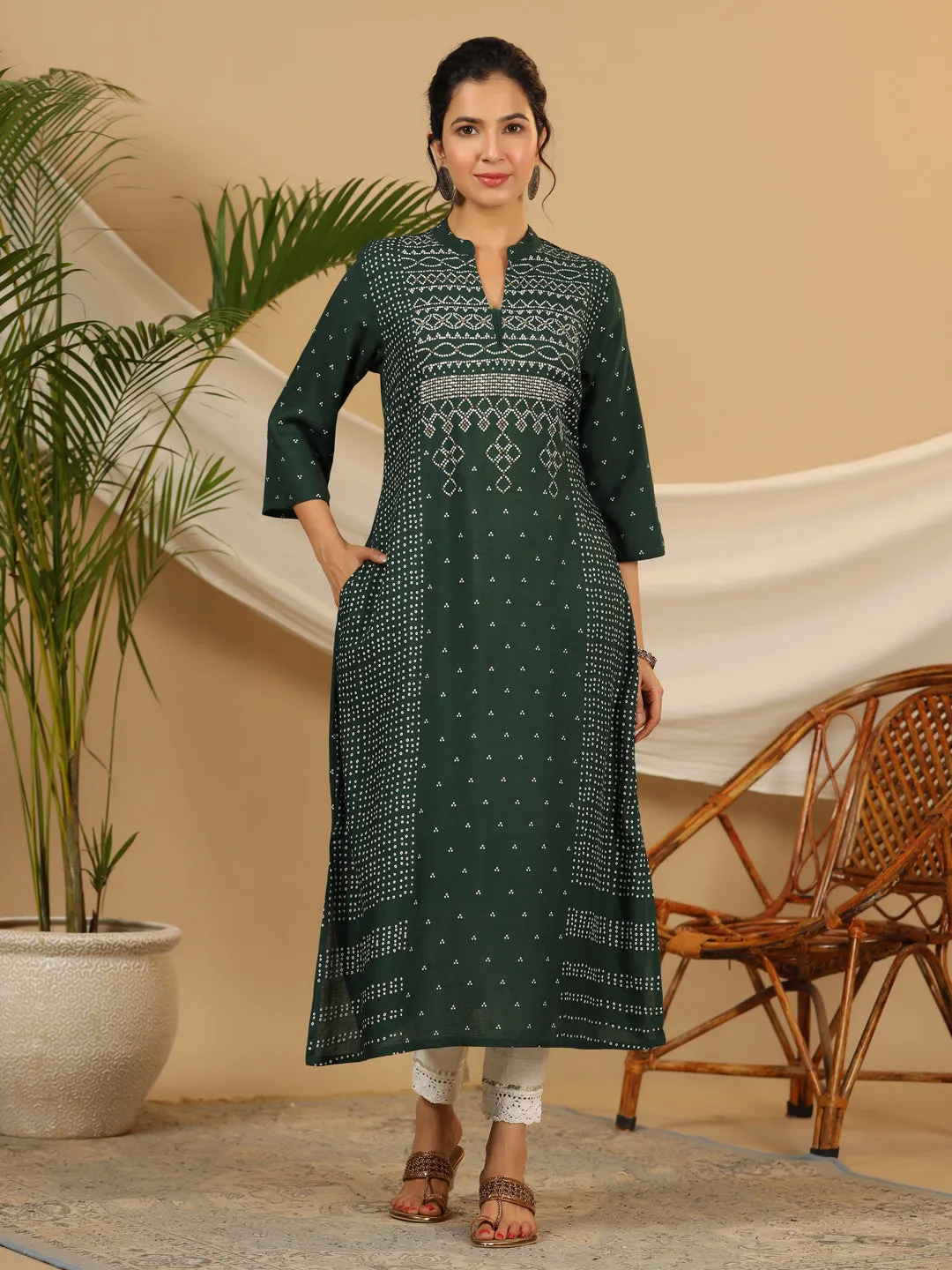 Juniper Jade Green Bandhani Printed Rayon Slub Kurta With Pant Set