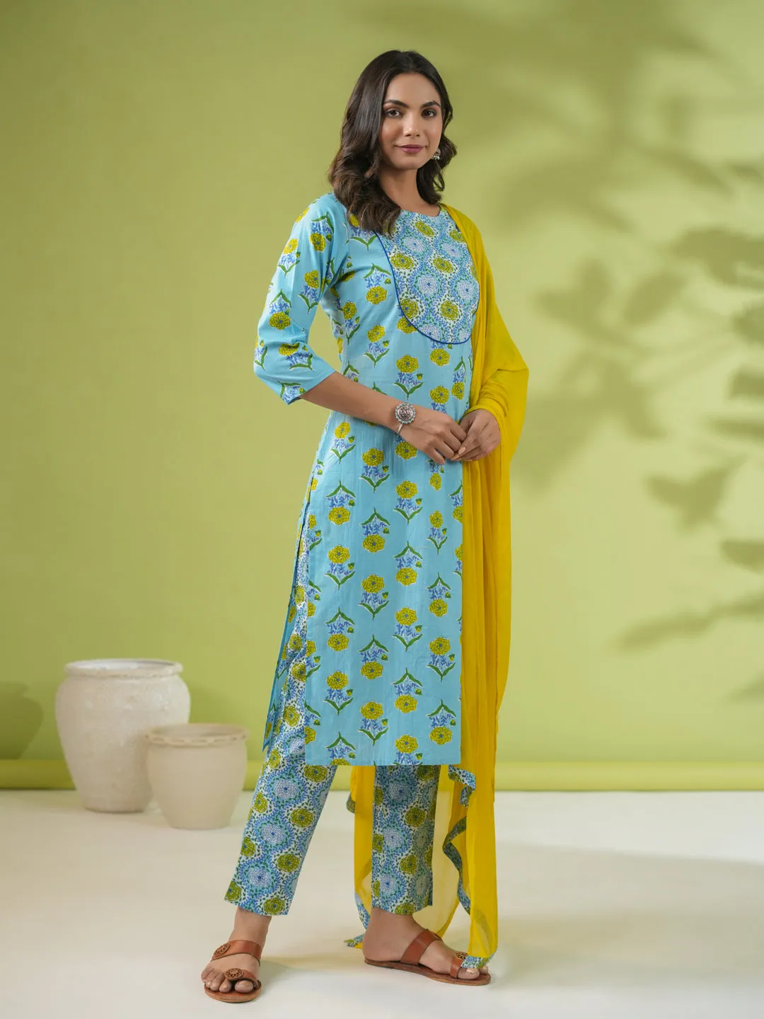 Light Blue Cotton Floral Regular Kurta Pant Set