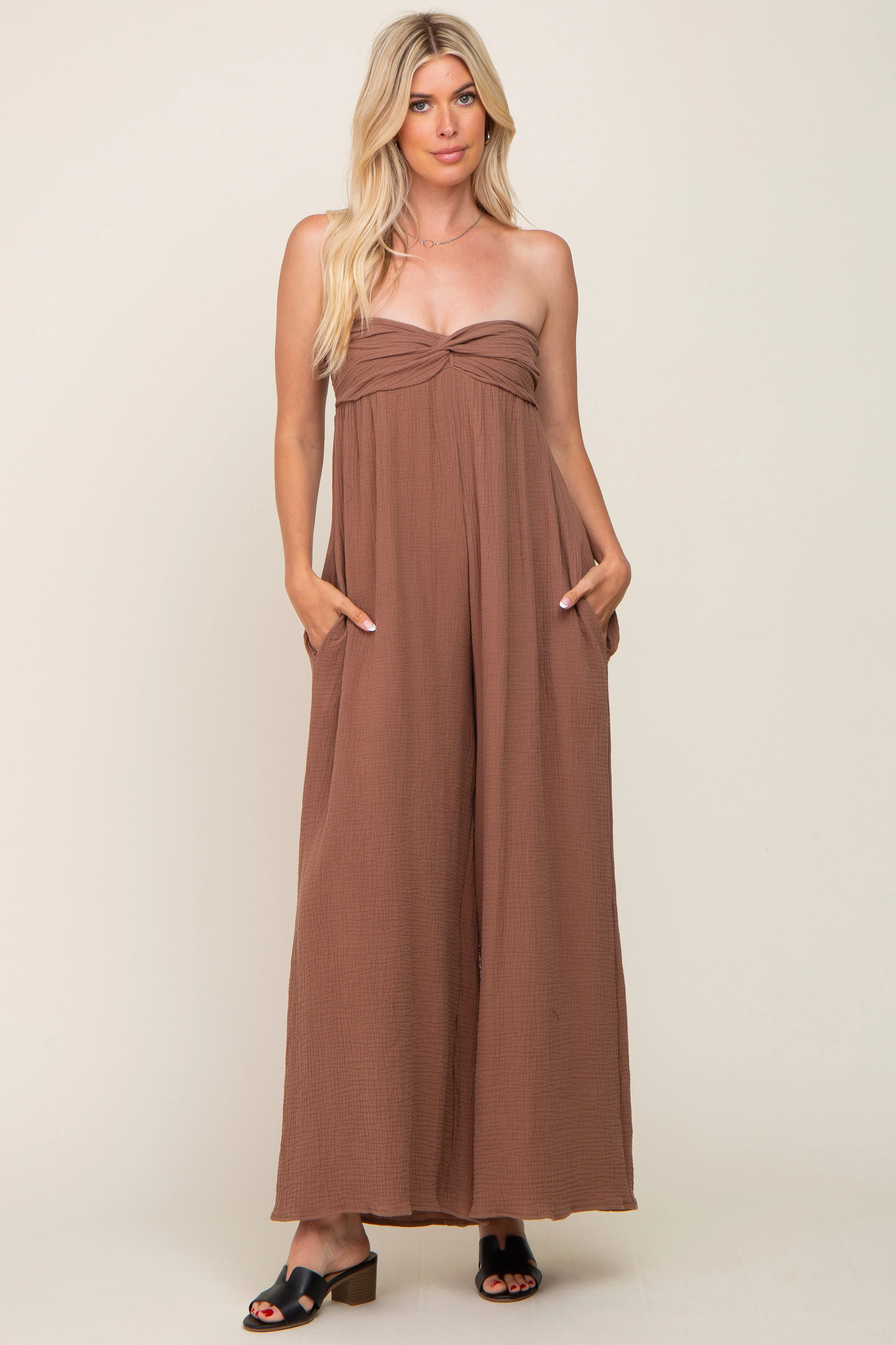 Mocha Strapless Front Twist Jumpsuit