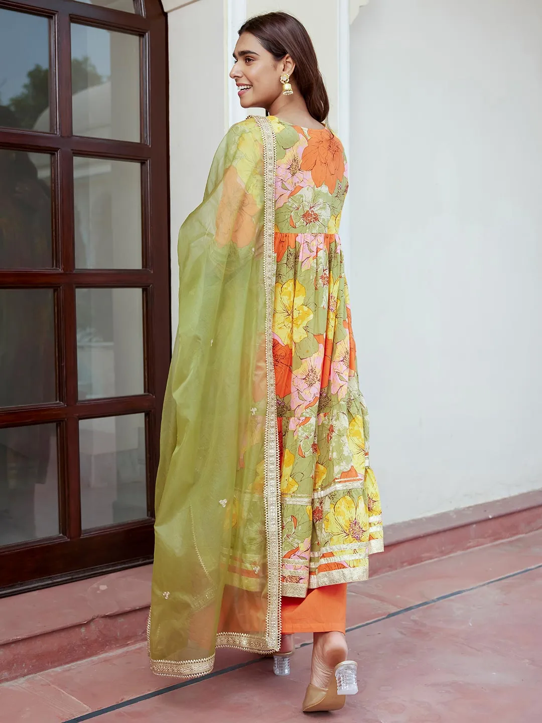 Multicolor Cotton Floral Printed Kurta with Palazzo and Dupatta