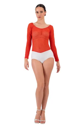 Orange Polka Dot Mesh Bodysuit With Long Sleeves (S)