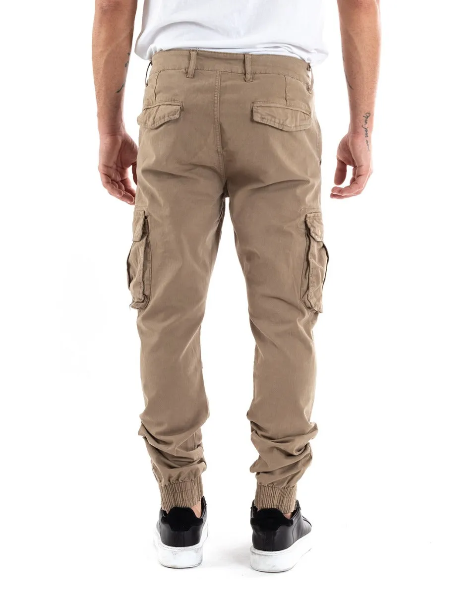 Pantaloni Uomo Cargo Con Zip Tasconi Casual Basic Beige GIOSAL-P5577A