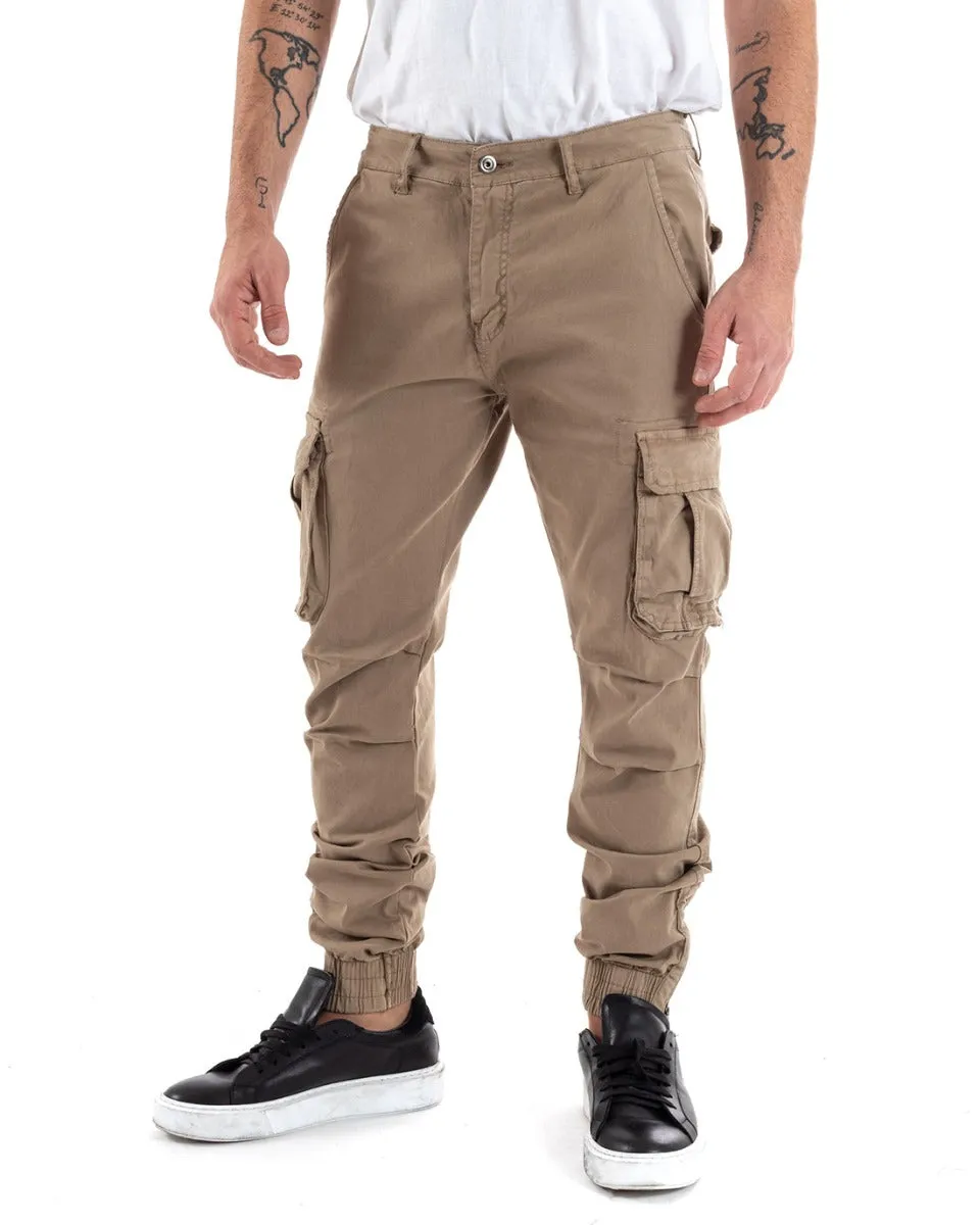 Pantaloni Uomo Cargo Con Zip Tasconi Casual Basic Beige GIOSAL-P5577A