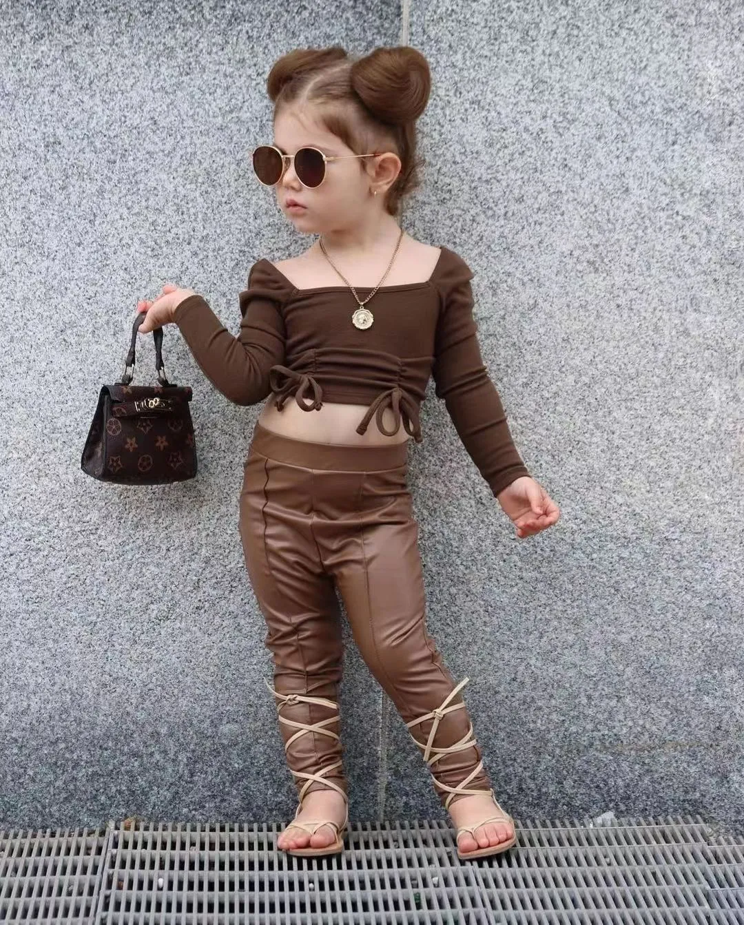 Toddler kid girls Solid color bow tie halter top PU leather pants set