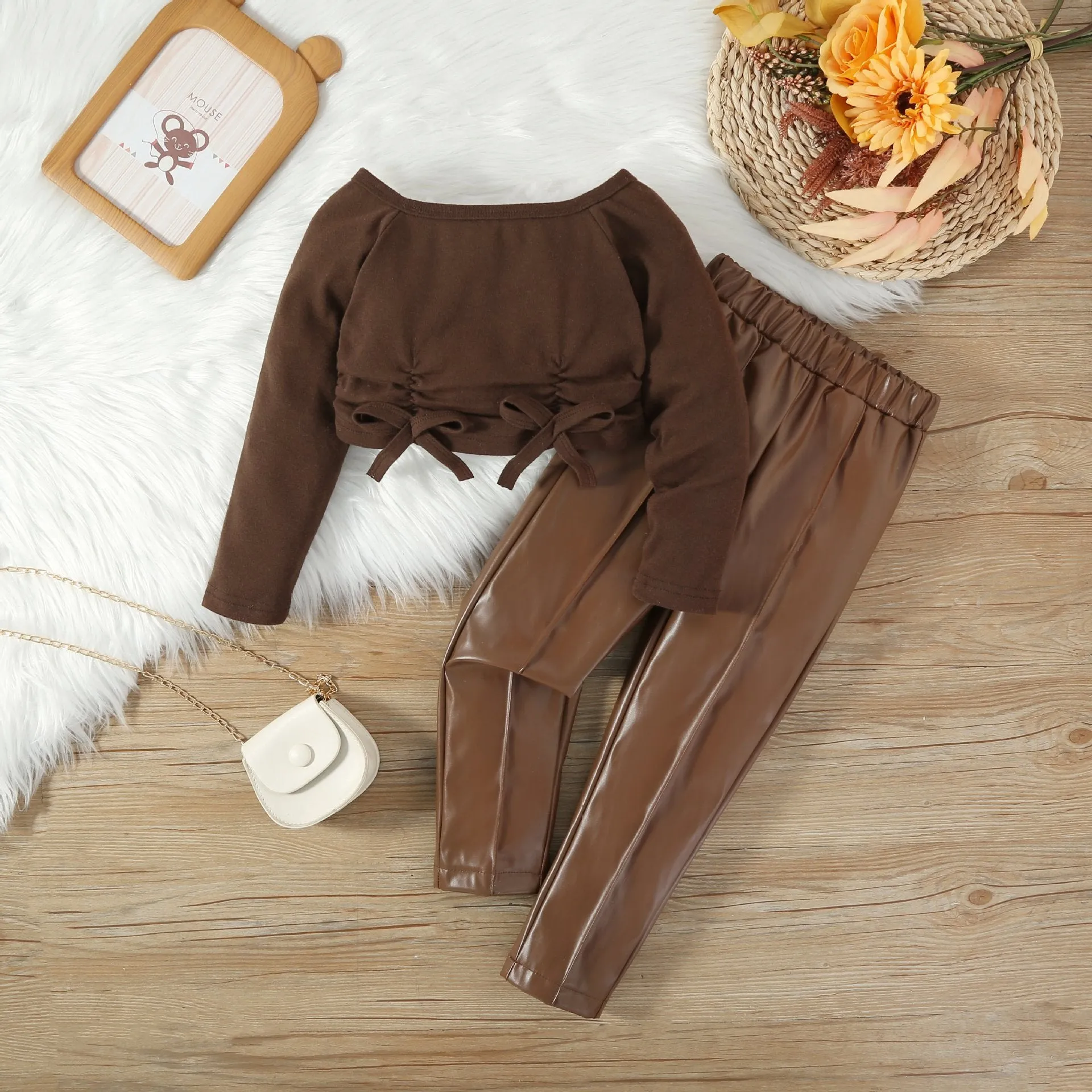 Toddler kid girls Solid color bow tie halter top PU leather pants set