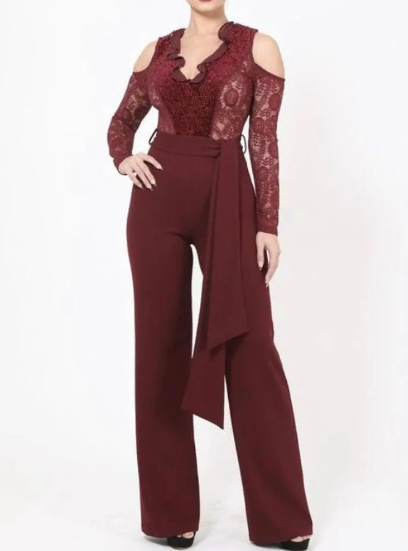 WOMEN LACE SHEER V CUT BLOUSE TOP JUMPSUIT