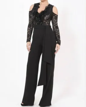 WOMEN LACE SHEER V CUT BLOUSE TOP JUMPSUIT