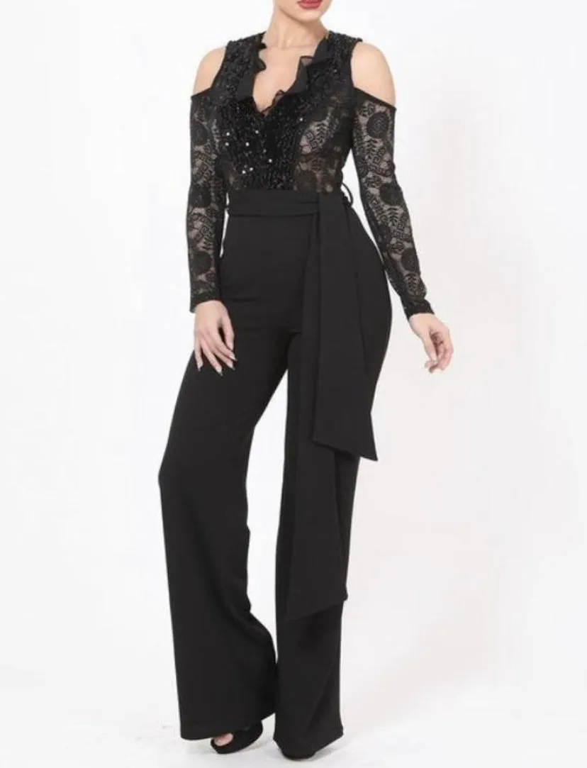 WOMEN LACE SHEER V CUT BLOUSE TOP JUMPSUIT